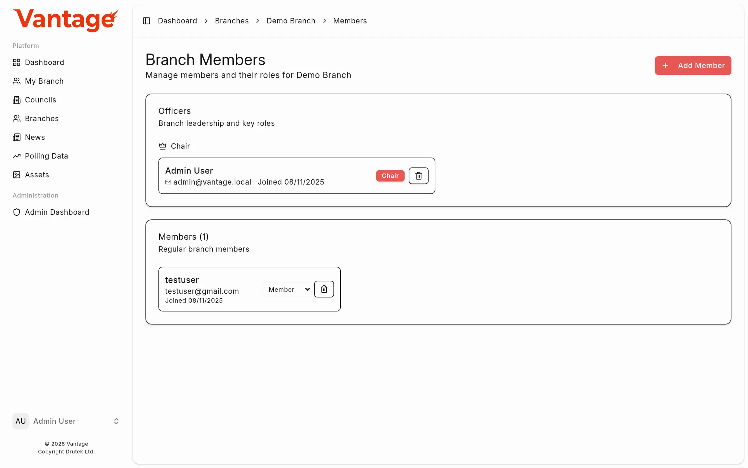 Branch members page showing officers and regular members with role badges