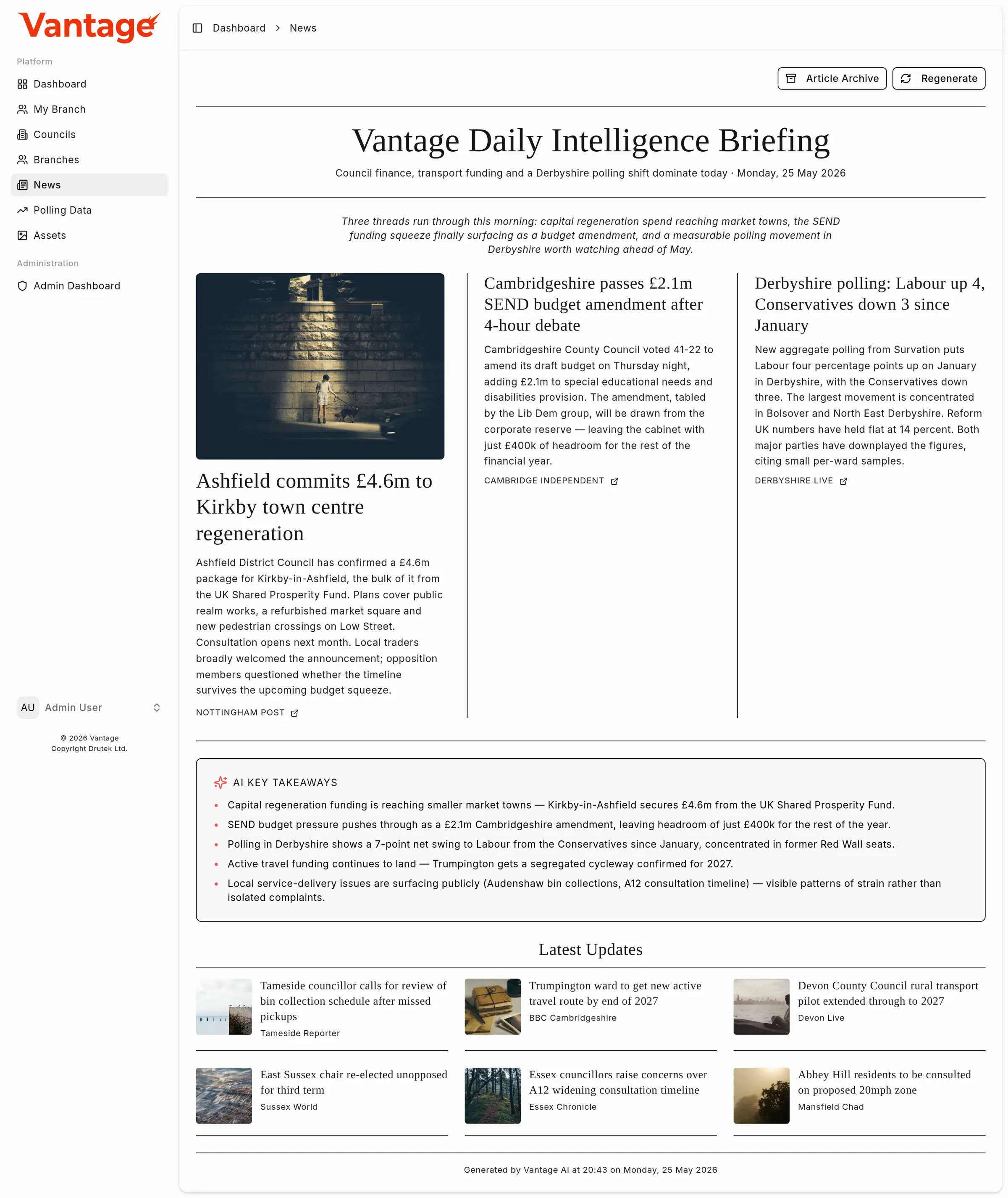 Daily Intelligence Briefing page laid out like a newspaper front cover