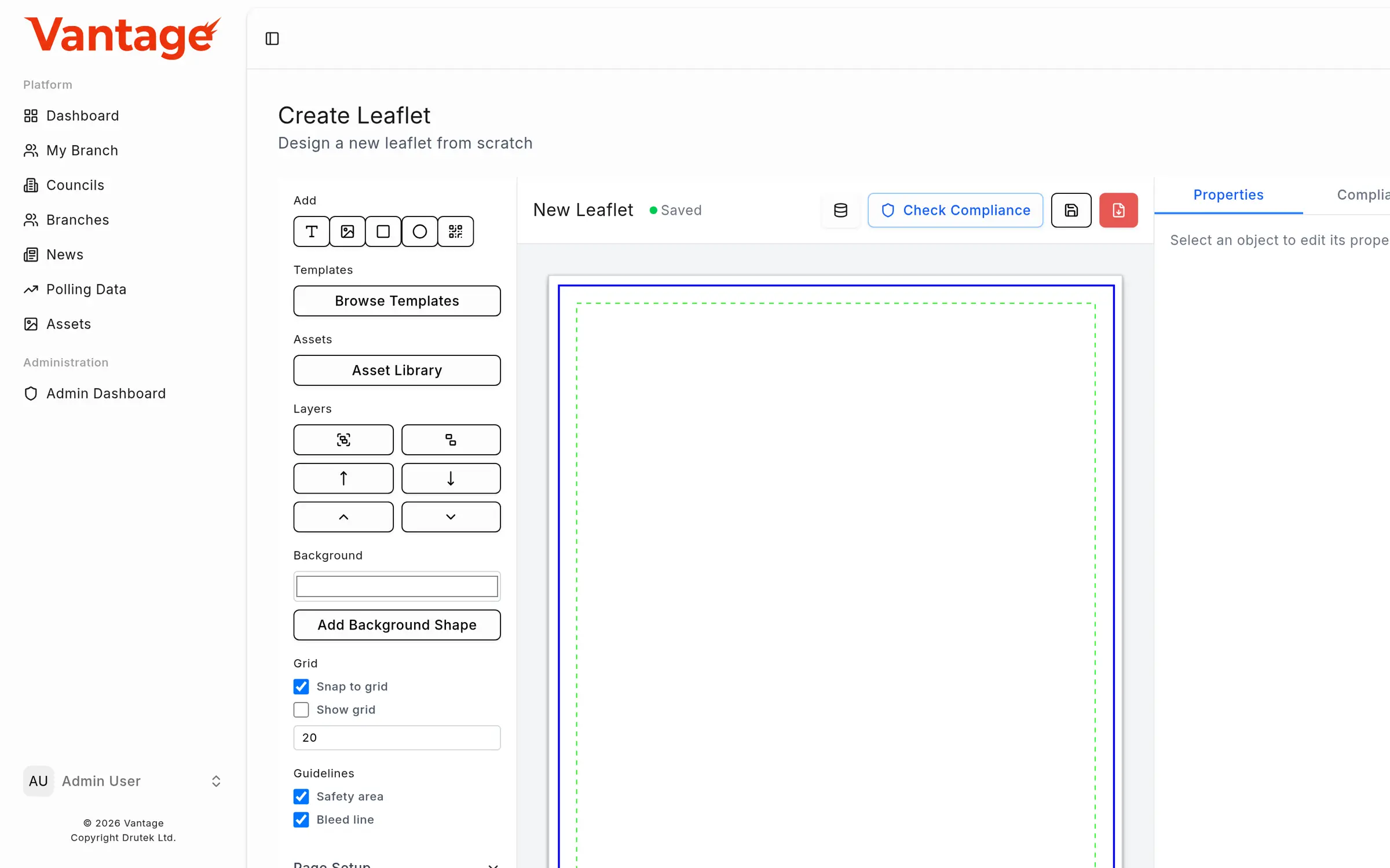 Leaflet designer with canvas, layers panel, asset library and compliance check