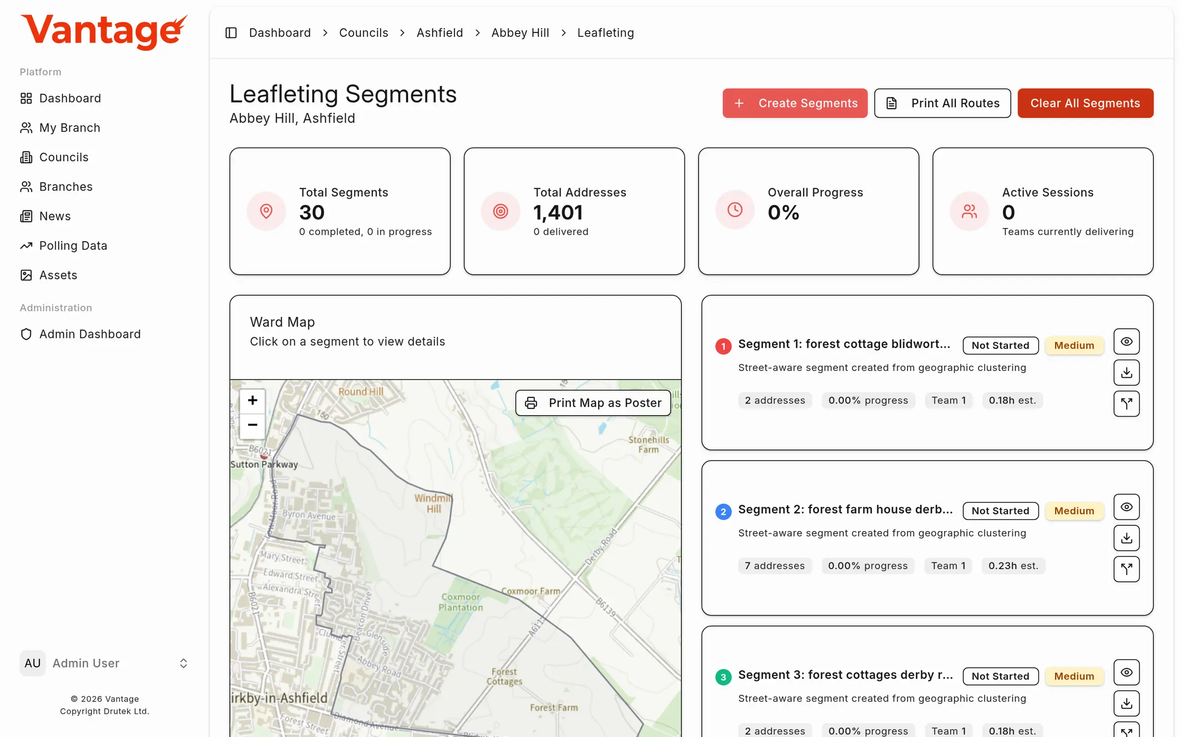 Leafleting segments page showing a ward map with addresses divided into walking routes