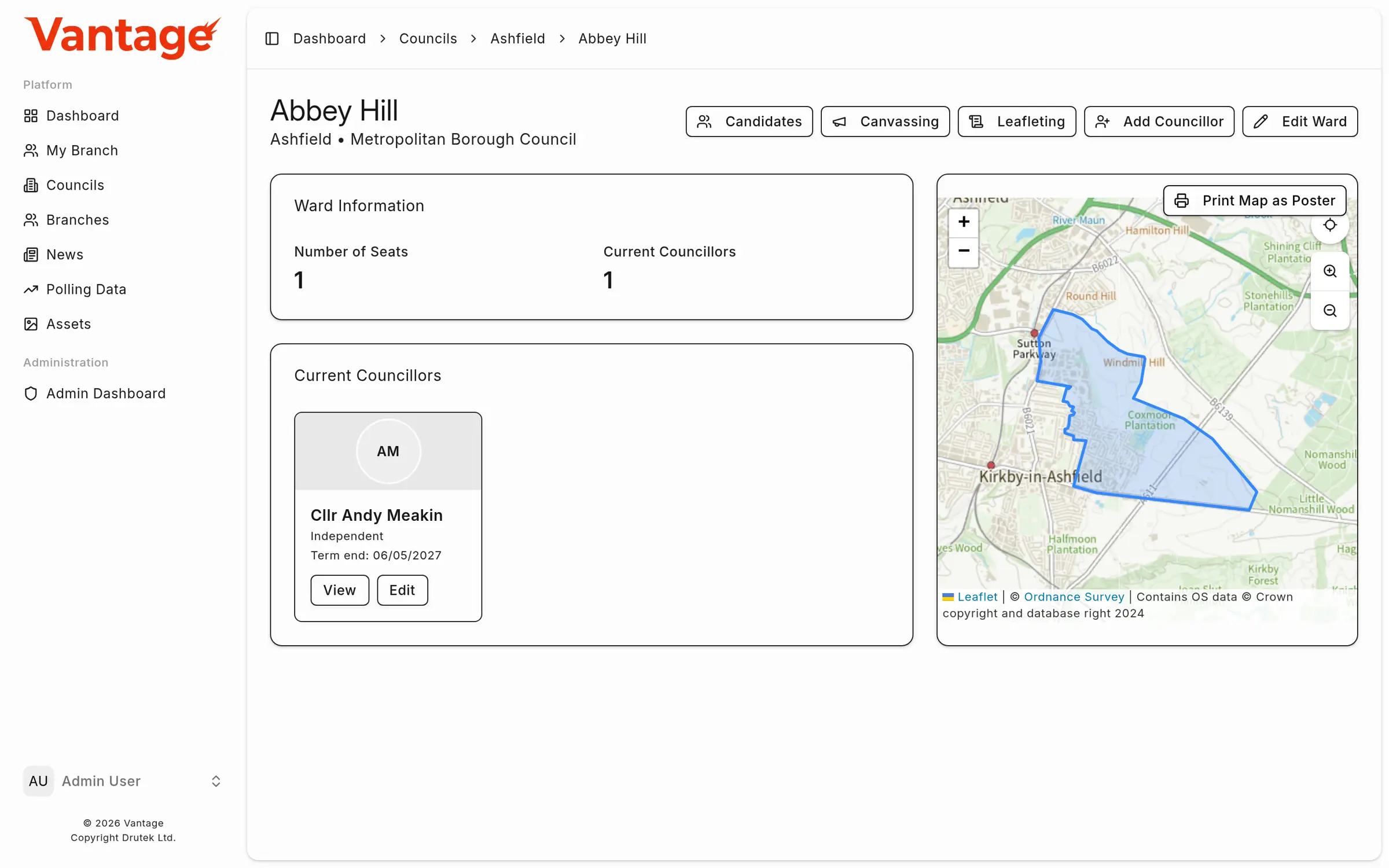 Ward detail page showing councillors, boundary map and recent news